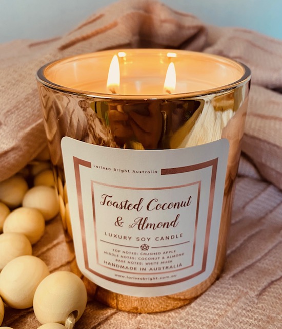 NEW!! Double Wick Candle. Toasted Coconut, Crushed Apple & Almond  Luxury Handmade Soy Candle : Rose Gold Vessel